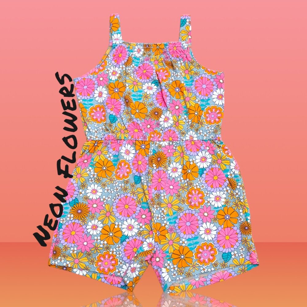 Anko Summer Romper Vintage Neon Flower Thin Strap Jumpsuit soft cotton Box neck